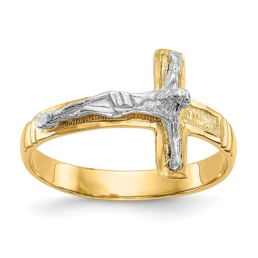 Million Charms 14k Gold Two-Tone Polished Diamond-Cut Mens Crucifix Ring